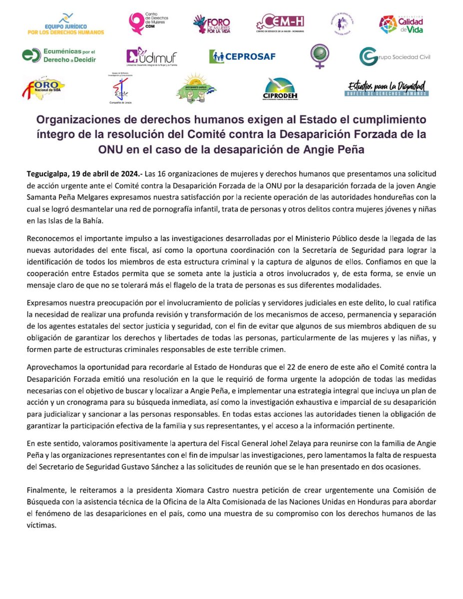 16 OSC de mujeres y ddhh, expresamos nuestra preocupación sobre los actores involucrados en la desaparición de Angie Peña. Por lo tanto, reiteramos la obligación del Estado de Honduras en dar cumplimento a las recomendaciones del Comité de Desaparición Forzada de la ONU.