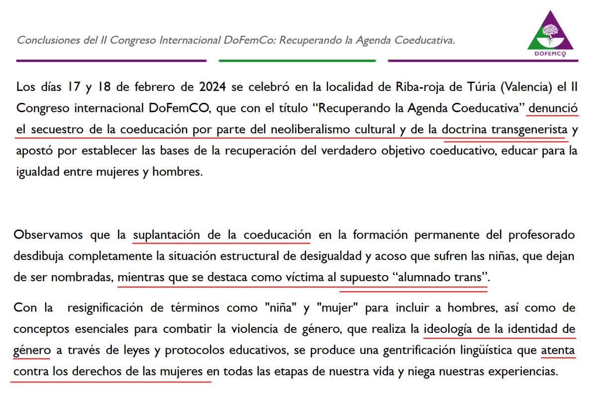 Su tesis principal es que la 'coeducación' está siendo suplantada por lo que llaman 'la doctrina trangenerista' (a la que también se refieren como 'ideología de identidad de género' o 'transgenerismo') en una conspiración patriarcal junto al neoliberalismo transhumanista (¿?)
⬇️