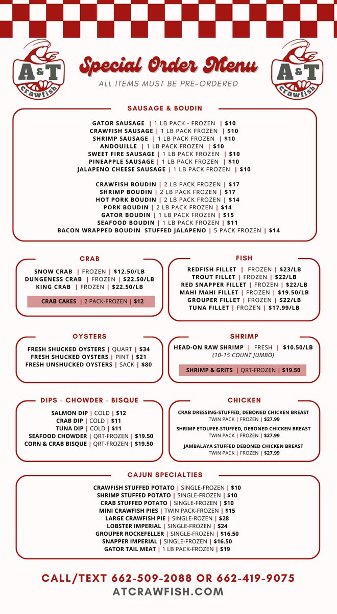 aandtcrawfishco's tweet photo. Order from our special order menu! We make weekly trips to Louisiana to bring back the freshest seafood to serve our customers. We thought we would put together a special order menu for the outstanding market-fresh items that we can bring back to you for pick-up! https://t.co/Q3MI4r8r55