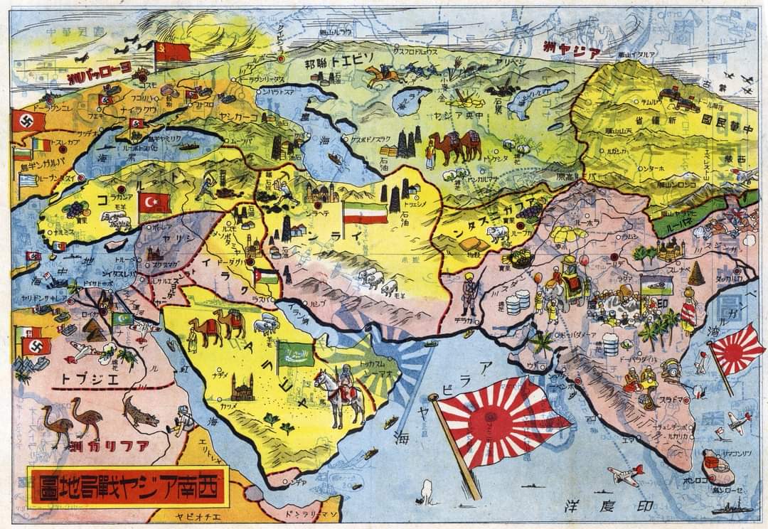 Japanese pictorial map of the Middle East, Central Asia and South Asia (1942) #drthehistories