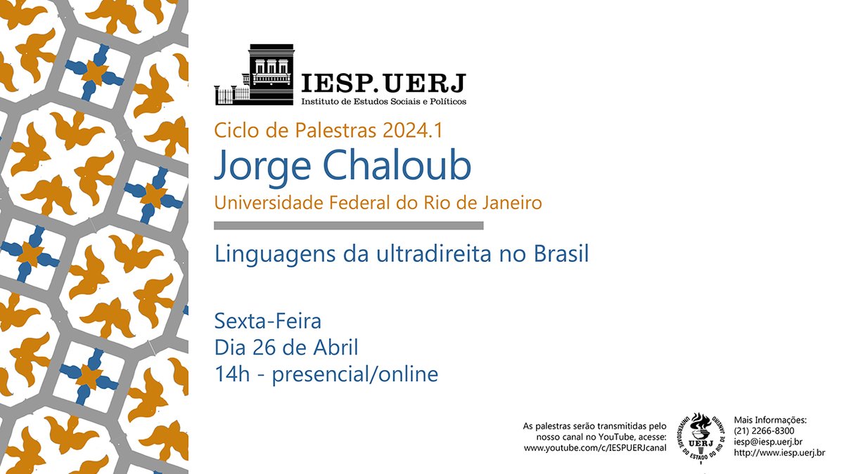 Nesta sexta, 26/4, o Prof. Jorge Chaloub (@nudeb_ifcs) apresenta a sua conferência 'Linguagens da ultradireita no Brasil', em mais uma edição do Ciclo de Palestras IESP-UERJ 2024.1. A partir das 14h, presencialmente na Sala Olavo Brasil ou online, em: youtube.com/live/bSrcY8gMc… 🧵