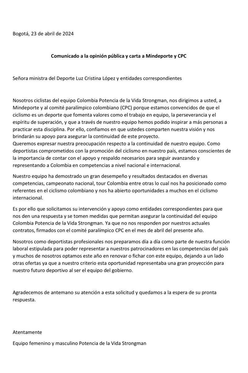 Comunicado a la opinión pública y carta a Mindeporte y CPC Por parte de los ciclistas del equipo @ciclismo_mindeporte