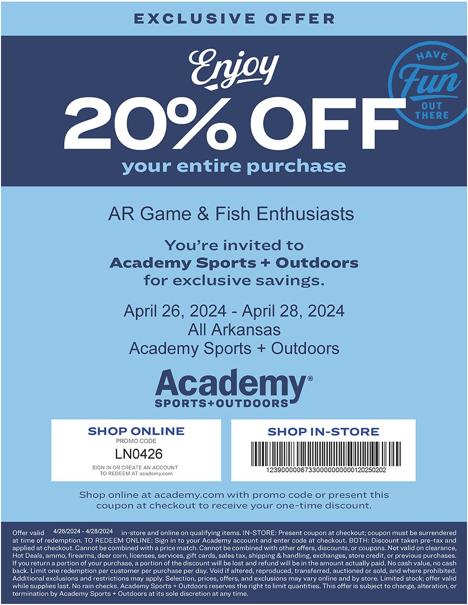 📣 The Arkansas Game and Fish Foundation is proud to partner with Academy Sports + Outdoors to offer 20% off of in-store or online purchases this weekend, from April 26-28. 🛒 Online shoppers, click here to apply your discount: bit.ly/4db0c9h