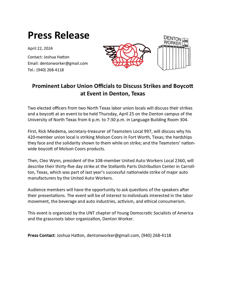 Learn about the strikes by UAW in Carrollton and the Teamsters in FW this Thursday, 6pm, Language Bldg rm 304 at UNT. Union officials from UAW and Teamsters will discuss their strikes and the Teamsters' nationwide boycott of Molson Coors products.