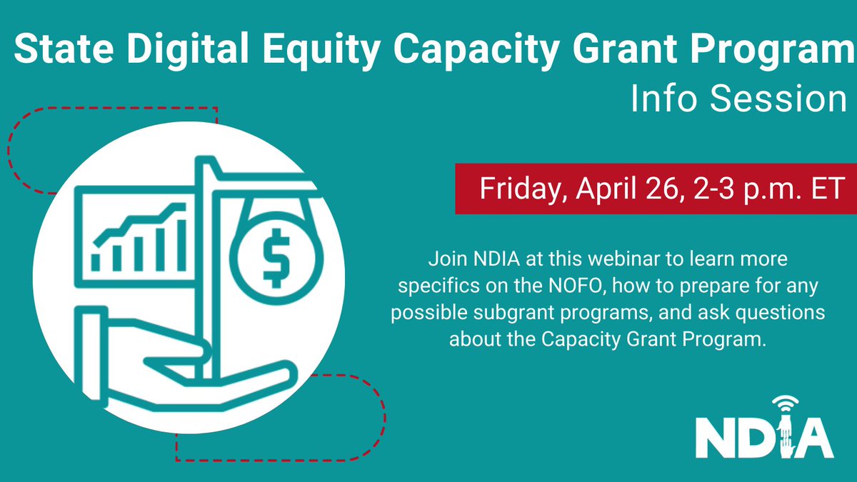 Join our webinar this Friday, 2-3pm, to learn about NTIA's State Digital Equity Capacity Grant Program. Get specifics on the NOFO, prep for subgrant programs, and ask your questions. Looking forward to seeing you there! Register here: digitalinclusion-org.zoom.us/webinar/regist…
