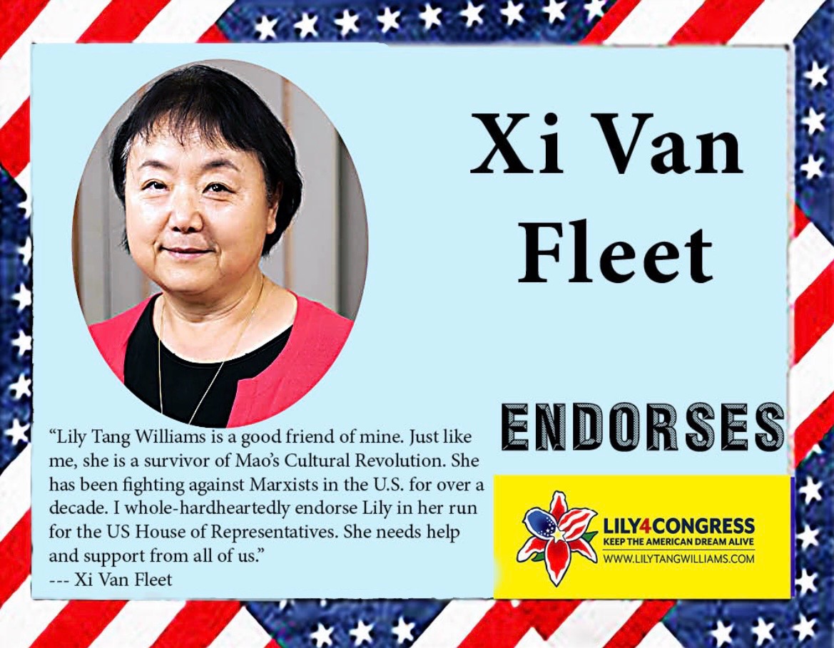 Breaking: 

Xi Van Fleet Endorses Lily Tang Williams for Congress
 
Weare, NH: Lily Tang Williams, Republican Frontrunner for her party’s Nomination for New Hampshire’s Second District House Seat, is excited to announce Xi Van Fleet has endorsed her campaign. 
 
Xi Van Fleet is a