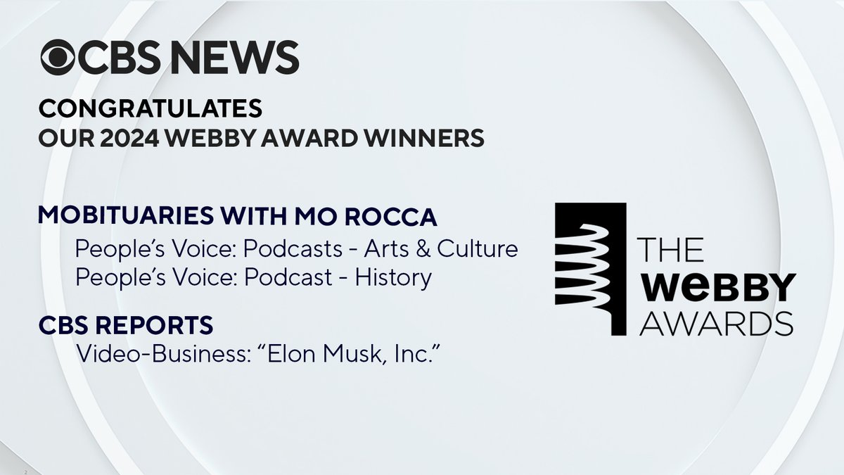 🏆 Congratulations to CBS Reports for winning a Webby Award in the Video-Business category for its documentary “Elon Musk, Inc.,' and to @CBSSunday’s “Mobituaries with Mo Rocca” for earning two People’s Voice Webby Awards in the podcast category. Here are the winners: