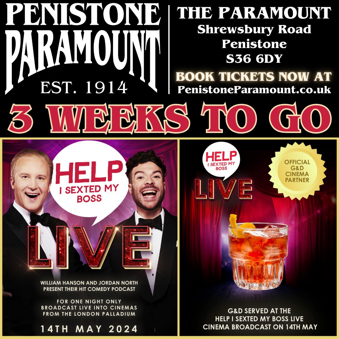 3 weeks until Help I @sextedmyboss is on the big screen (Tue. 14 May)!

As an Official G&D Cinema Partner, we will be offering the podcast's signature cocktail, Gin & Dubonnet, on the night of the screening!

Book now: PenistoneParamount.co.uk

#SextedLive #independentcinema