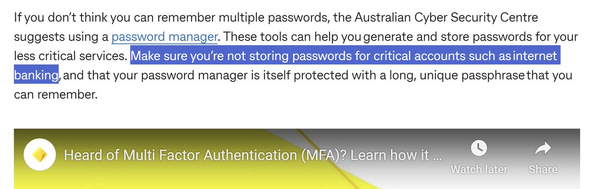Alrighty @CommBank, who over there wants to take a shot at fixing this? Suggesting that one of the most important passwords you have should be kept in the weakest storage unit you have (your brain) is nonsensical. commbank.com.au/articles/busin…
