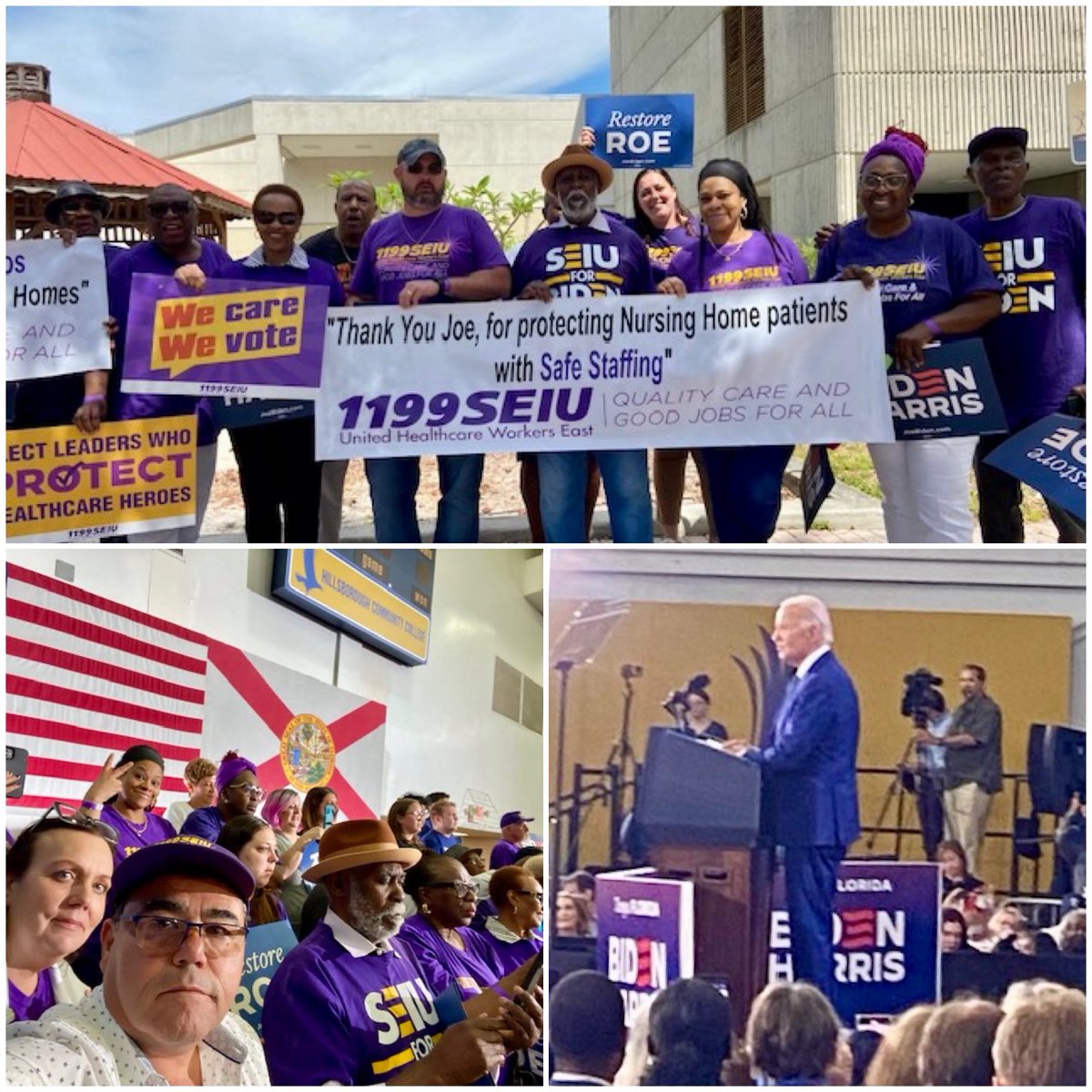 Healthcare workers are in Tampa at an event with President Joe Biden to say thank you to him and his administration for supporting national nursing home staffing standards that will protect seniors and caregivers. #CareIsEssential #WeCareForFL ⁦@1199SEIU⁩ ⁦@JoeBiden⁩