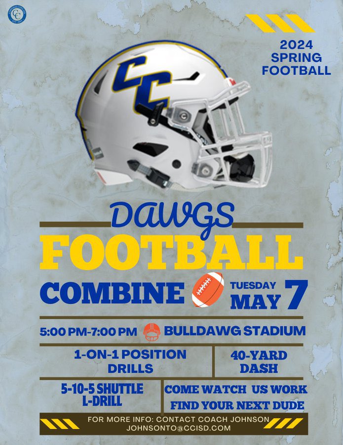 College coaches did you know we are having an NFL style combine here to showcase our kids amazing athletic abilities? Copperas Cove is the place to be May 7th, 5pm - 7pm! #CoveDawgs
