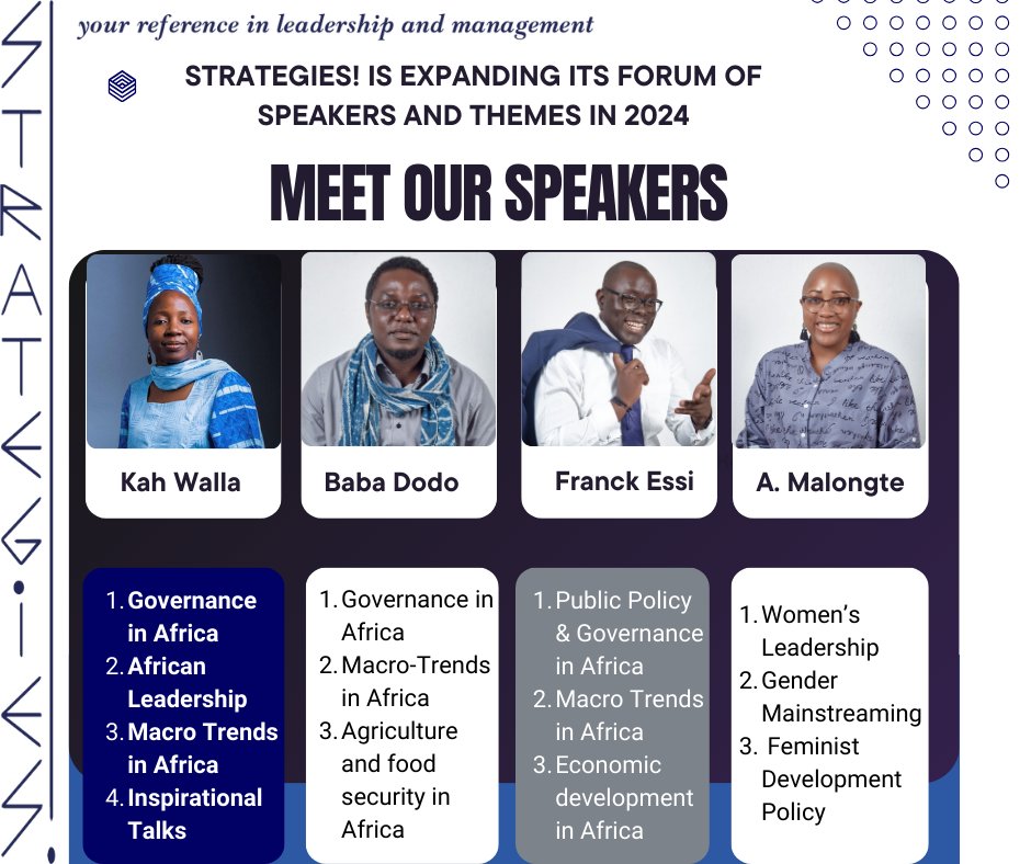 STRATEGIES! is expanding its forum of speakers and themes in 2024! Discover a fresh lineup of speakers, each providing innovative ideas on global on Africa’s most pressing issues. Click here for a sneak peek at our experts and their areas of interest: shorturl.at/pzFT4