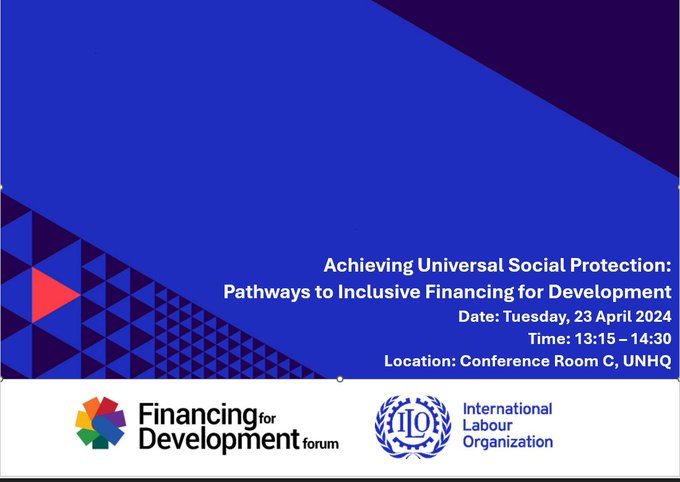 Today at 1:15 pm @UNHQ, join @ilo for an informative panel discussion on options available to create fiscal space, extend #socialprotection and close the financing gap. #FfDForum #UniversalSocialProtection #decentwork