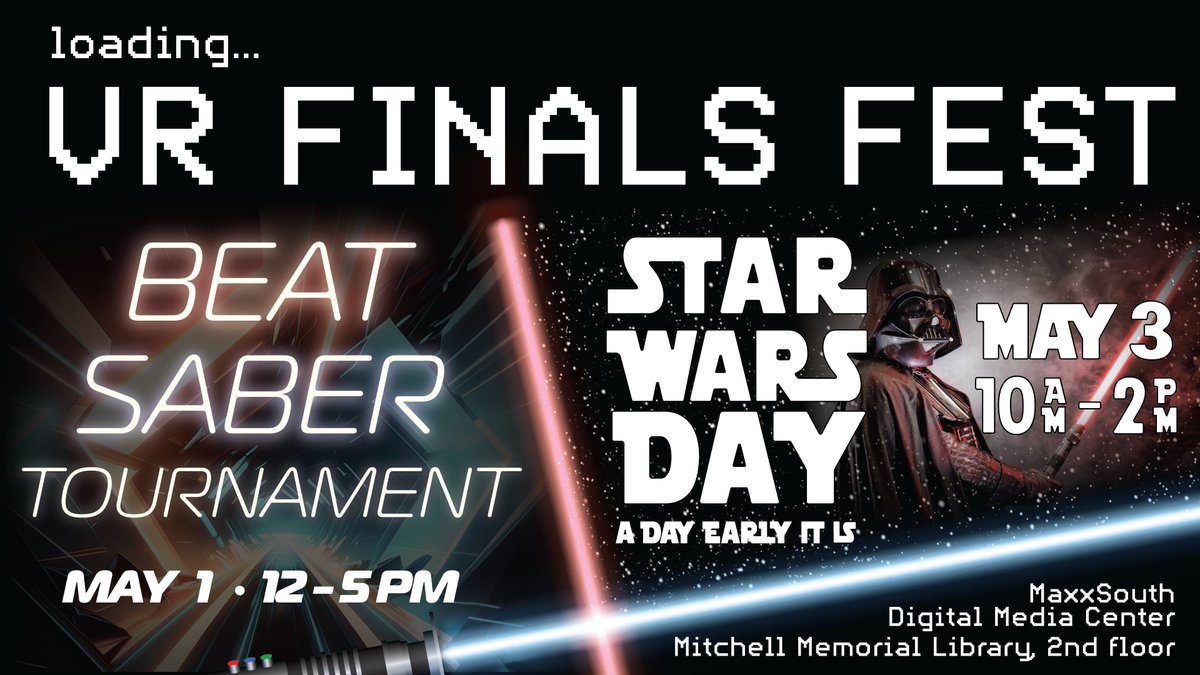 The end of the semester is nearing and that means exams! (Whaaaat?!?!) And exams mean DeStress Fest here in the Library. Mark your calendar for April 30 (trivia), May 1 (Beat Saber Tourney) and May 3 (Star Wars Days) and watch for more events. You got this!