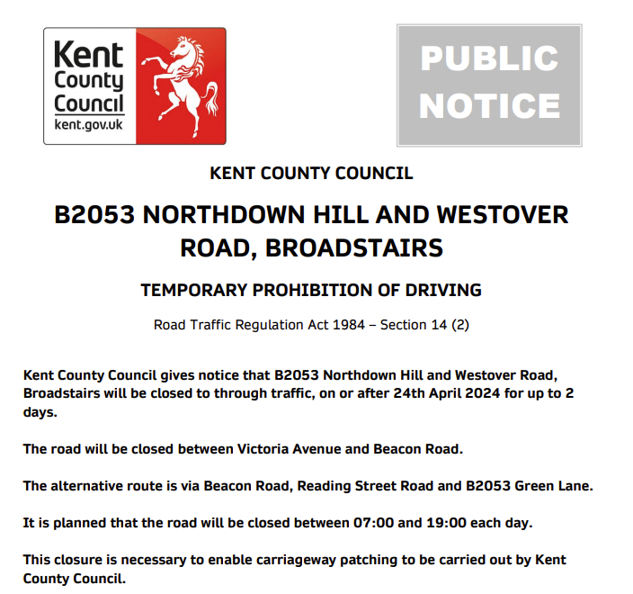 Broadstairs, B2053 Northdown Hill & Westover Road. Road closures on 24th & 25th April (07:00-19:00) for carriageway patching works: moorl.uk/?fe3vgy #Kentpotholes