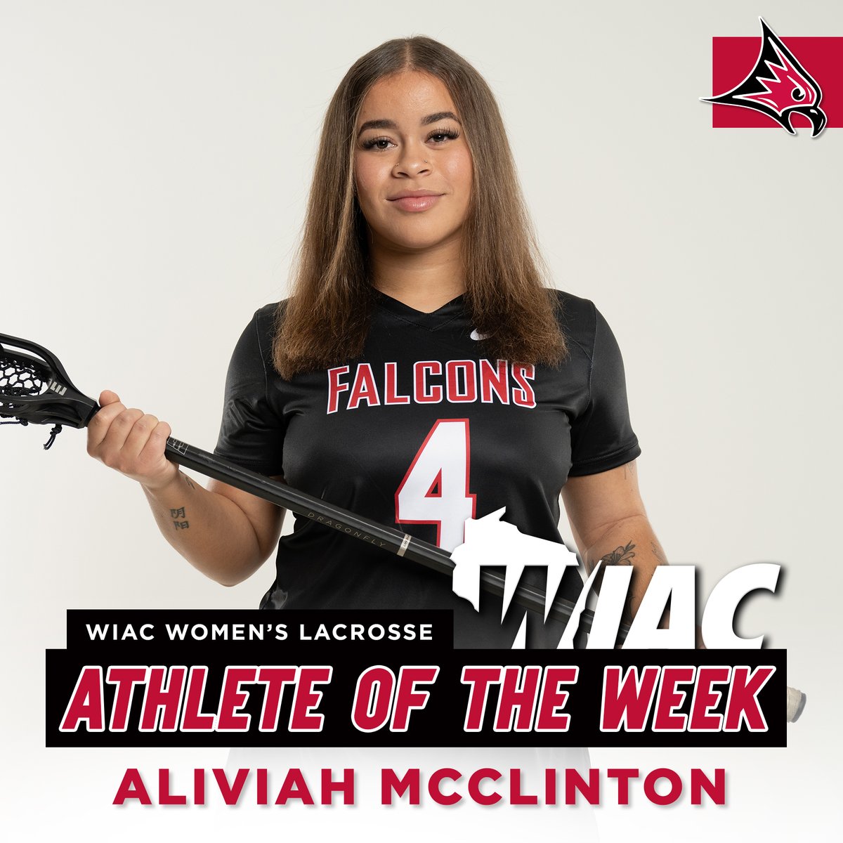 UWRFFalcons's tweet photo. Aliviah McClinton is the WIAC Women's Lacrosse Defensive Athlete of the Week 👏

In two games against UWL last week, McClinton led the Falcon defense with seven ground balls and six caused turnovers. 

#FFT https://t.co/yYh1ud5xMX