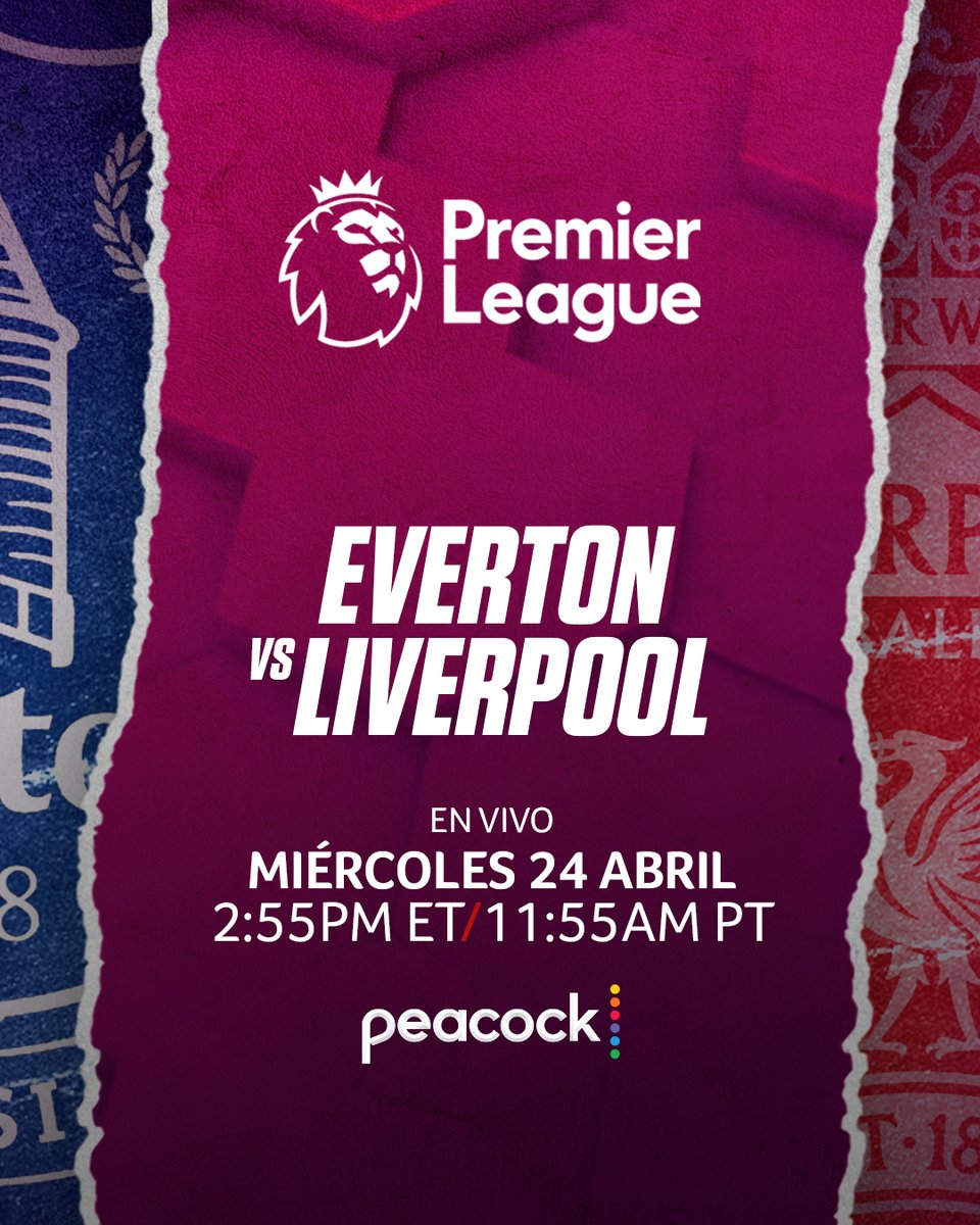 MIÉRCOLES de Premier League 🦁 ⚽️ Everton 🔵 vs Liverpool 🔴 ⏰ 2:55pm ET / 11:55am PT 📺📱 Peacock #LigaPremierTD