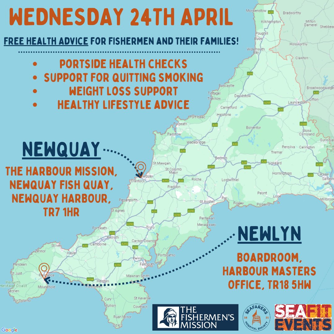 #Fisherman in #Cornwall? Don’t forget that the @FishMishSeaFit and @HealthCornwall teams will be on hand in #Newlyn and #Newquay tomorrow between 10am -1pm, providing free, confidential health checks and advice to fishermen and their families! #Fishing #FishermensLife #SeaFit