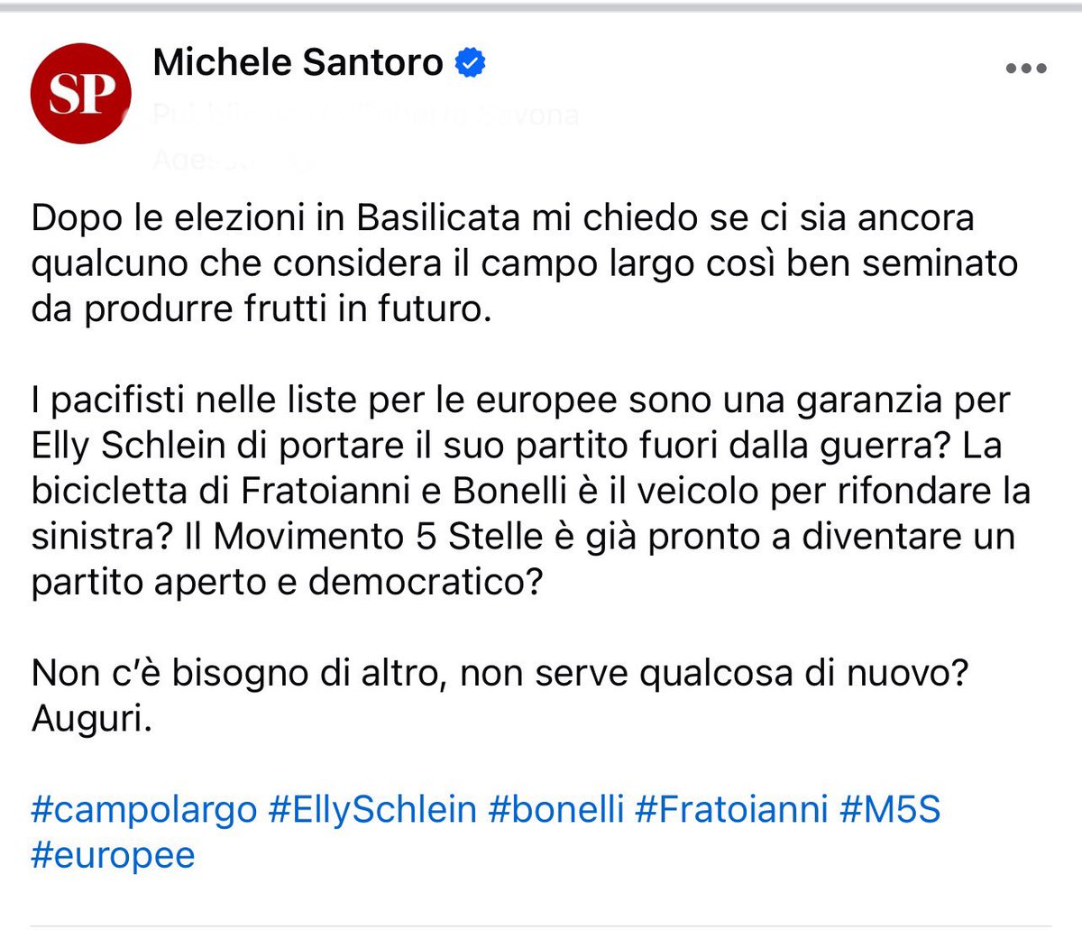 Dopo le elezioni in Basilicata mi chiedo se ci sia ancora qualcuno che considera il campo largo così ben seminato da produrre frutti in futuro […] facebook.com/share/rKiGu4BA… Non c’è bisogno di altro, non serve qualcosa di nuovo? Auguri. #campolargo #europee #EllySchlein #M5S