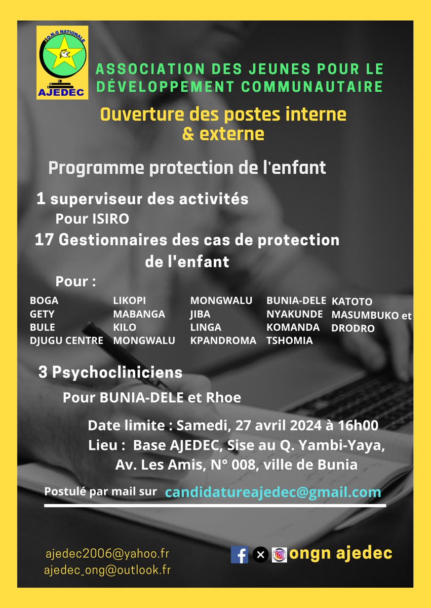 ongnajedec's tweet photo. Êtes-vous disponible pour travailler avec nous ? Postulé en envoyant vôtre candidature par mail sur candidatureajedec@gmail.com ou rendez-vous au bureau administratif Ajedec sise au Q. Yambi Yaya, av. Les Amis numéros 008 avant samedi 27 avril 2024.

Bonne chance à tous ! https://t.co/2PbLWxv5A2