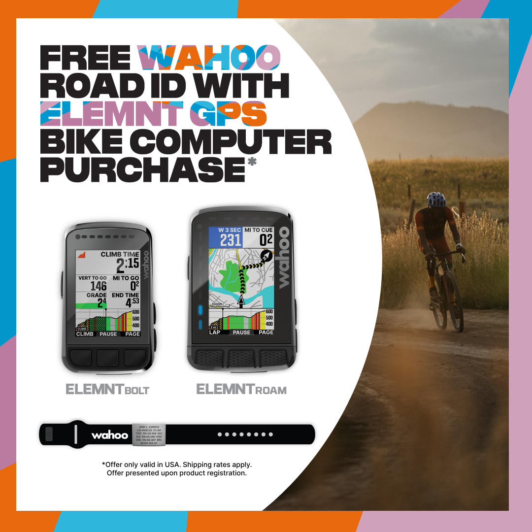 ICYMI: Get a FREE Wahoo-branded ROAD iD when you purchase an ELEMNT ROAM or BOLT bike computer!* Shop now through May 14: bit.ly/3TrSiiS *Offer valid in US only