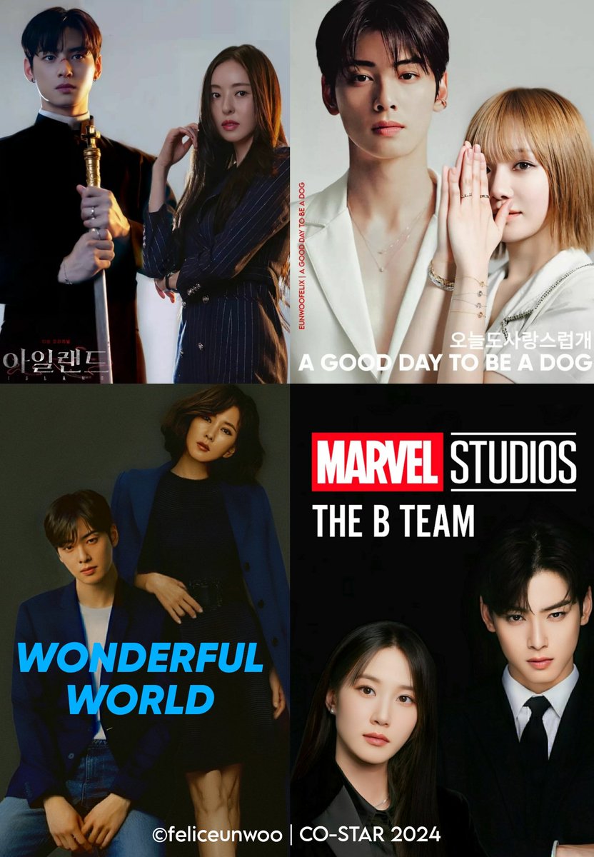 Cha Eunwoo's Co-star 
Cha Eunwoo's Supremacy

2021-2022
#ISLAND #LEEDAHEE

2022-2023
#AGoodDayToBeADog #PARKGYUYOUNG

2023-2024
#WonderfulWorld #KIMNAMJOO

2024
#TheBTeam #PARKEUNBIN

#Kdrama #MARVEL #MBCDRAMA #Action #Thriller #Superheroes #webtoon #SouthKorea #USA #Hollywood