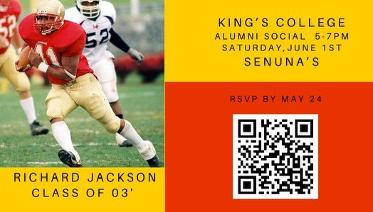 We are 39 Days away from our Alumni Social! All King’s Football Alums are welcome to reminisce on your time and experience at King’s College. YOU CAN SIGN UP TODAY by scanning the QR code below or by clicking the link attached! linktr.ee/kingscollegefo…