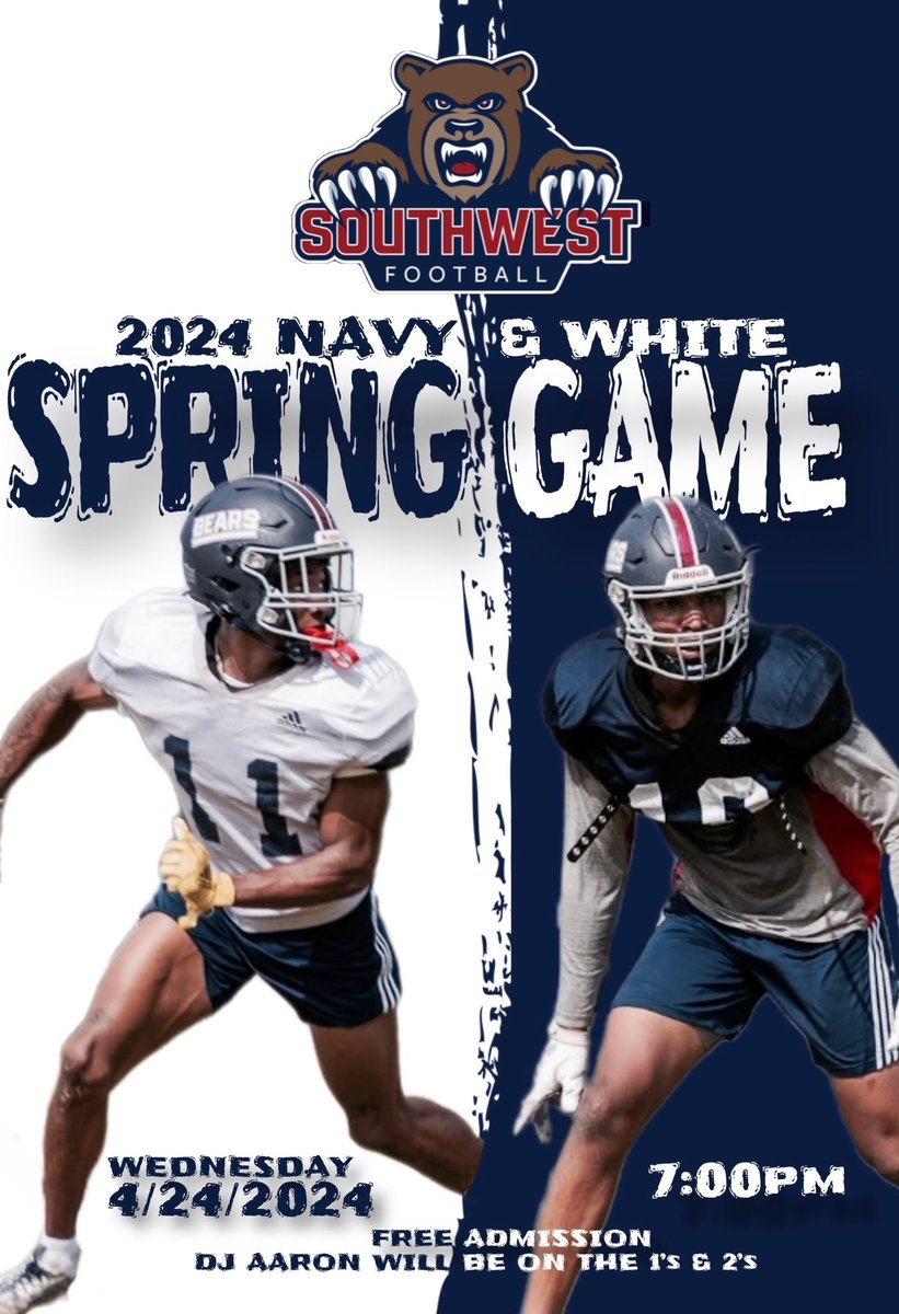 ICoachLBs's tweet photo. Come out and join us for our 2024 Spring Football Game! Tomorrow @ 7pm we will introduce our Sophomores and engage in Bear ๐ป activities!!
#cometothesouth
#BearDown https://t.co/QYOWQBiGNz