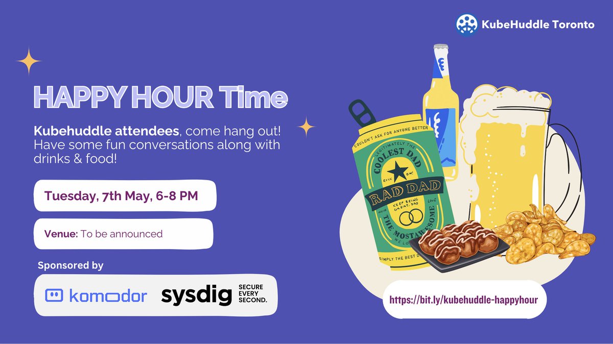 Get ready to raise your glasses at the OFFICIAL Happy Hour with KubeHuddle🥂 

Join us for a night of networking & great vibes, sponsored by the amazing teams at @Komodor_com 
& @sysdig🌟

📅 7th May @ 6PM EST

📍Location will be emailed  

🔗Sign up: bit.ly/kubehuddle-hap…