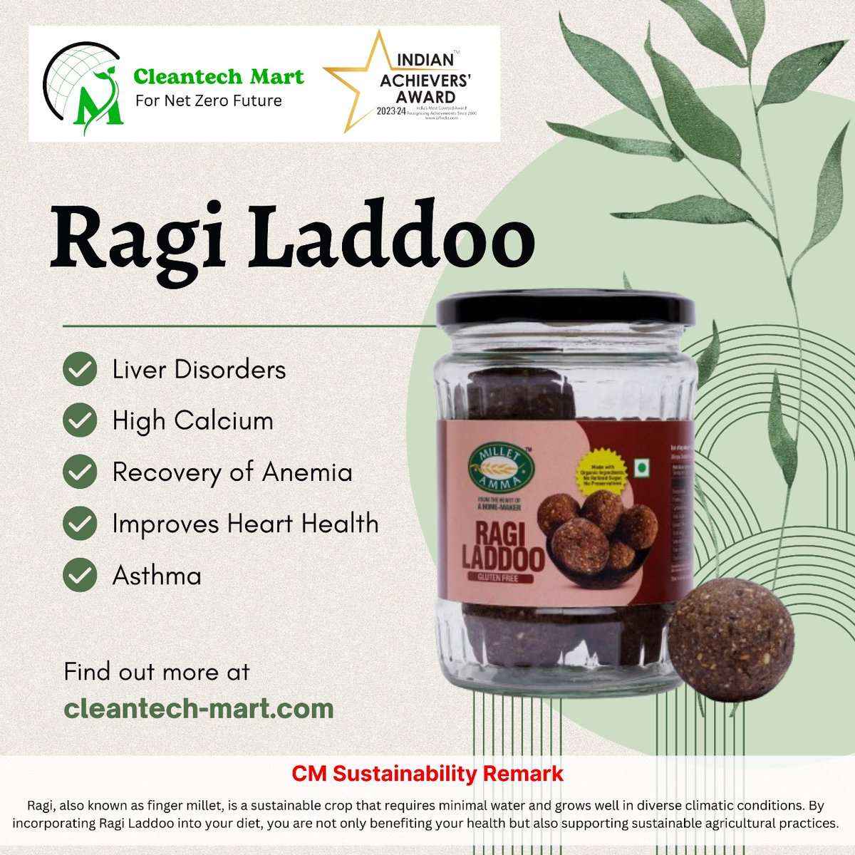 Indulge in the goodness of Ragi Laddoo, a nutritious treat that offers a myriad of health benefits. 

#RagiLaddoo #HealthySnacking #Sustainability #cleantechmart