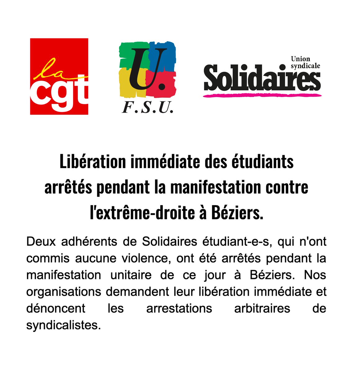 UnionSolidaires's tweet photo. Deux adhérents de Solidaires étudiant-e-s, qui n'ont commis aucune violence, ont été arrêté pendant la manifestation unitaire de ce jour à Béziers. 
Nos organisations demande leur libération immédiate et dénoncent les arrestations arbitraires de syndicalistes. https://t.co/UvQobcaZXA