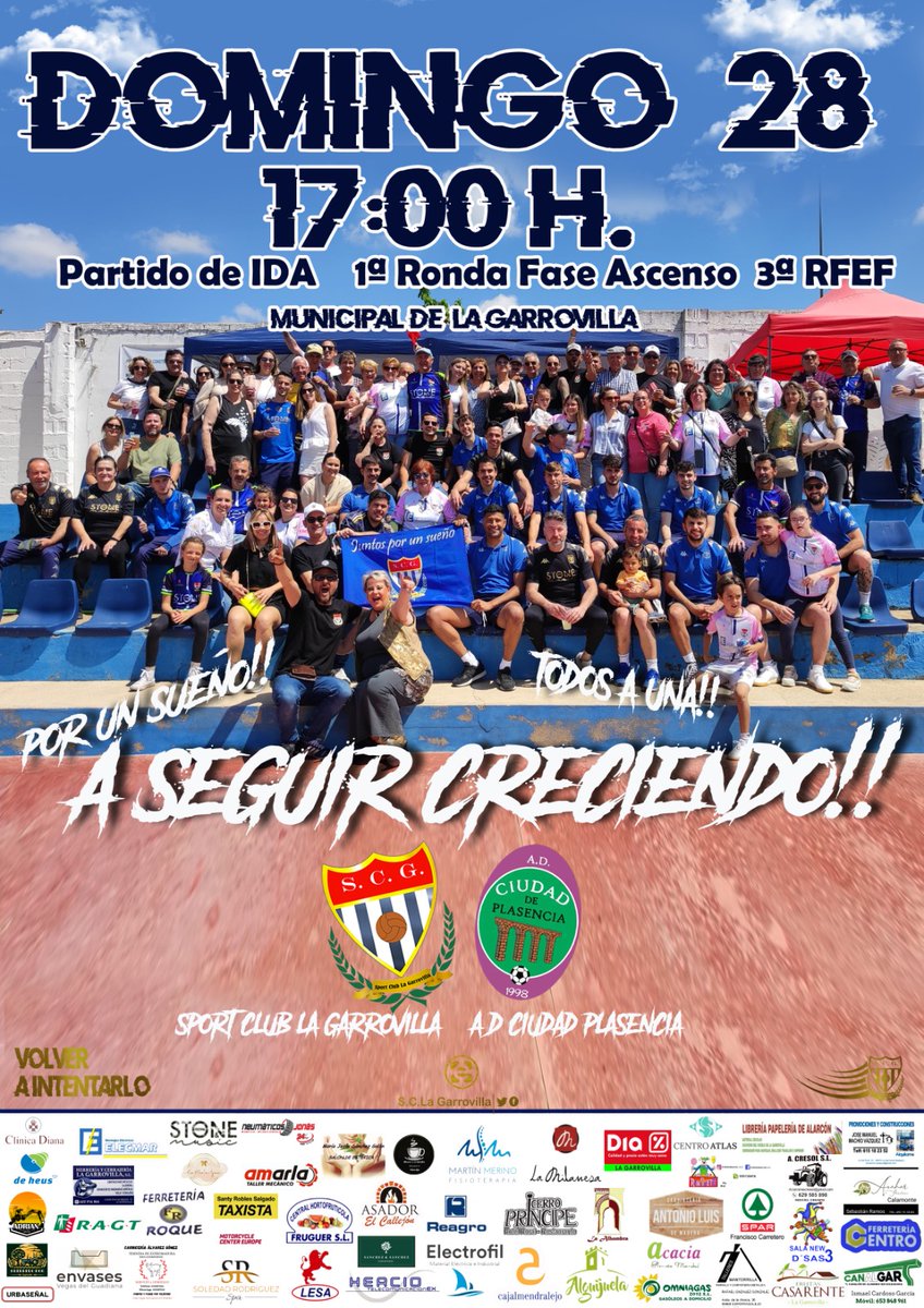 🔥 LA HORA DE LA VERDAD

Comienza nuestro camino en la fase de ascenso a 3ª RFEF, y lo hacemos en casa y con nuestra afición. 

Partido de ida 1ª ronda 🆚 <a href="/ciudaddeplasenc/">Ciudad de Plasencia</a>

📅 Domingo 28 de abril
⌚ 17:00 horas
🏟️ Campo de Fútbol de La Garrovilla

#VolverAIntentarlo💙⚽