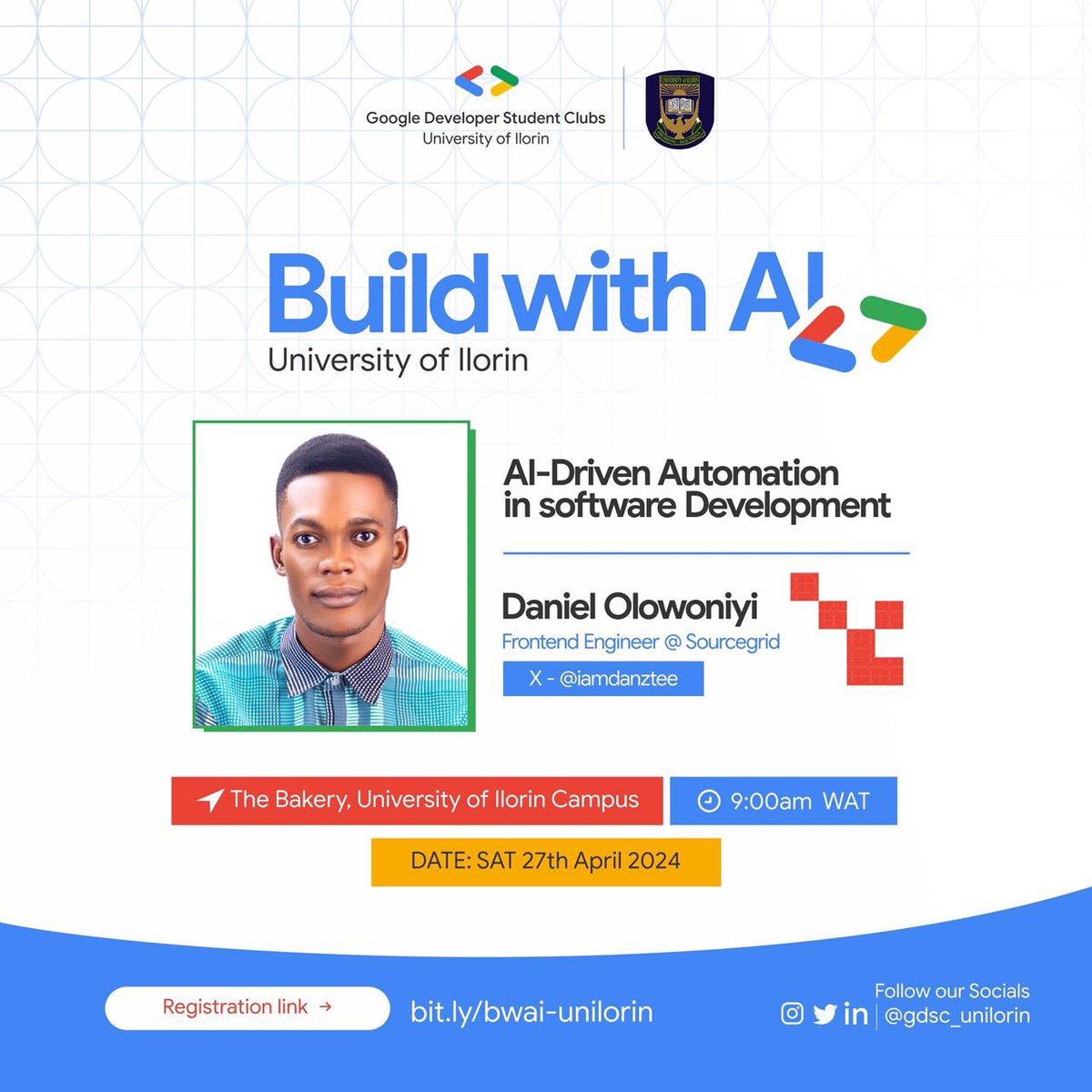 Daniel Olowoniyi, @iamdanztee Frontend Engineer at Sourcegrid, will delve into the world of AI-driven automation in software empowering developers to automate tedious tasks, and focus on the strategic aspects of building . Don’t miss out #BuildwithAI #BuildwithAIUnilorin