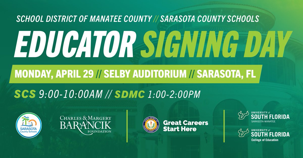 Join the College of Education, Sarasota County Schools and Manatee County Schools at our Sarasota Manatee campus for Educator Signing Day on Monday April 29! 🍏🍎 Sarasota County Schools event will begin at 9:00 a.m. School District of Manatee County event will begin at 1:00 p.m