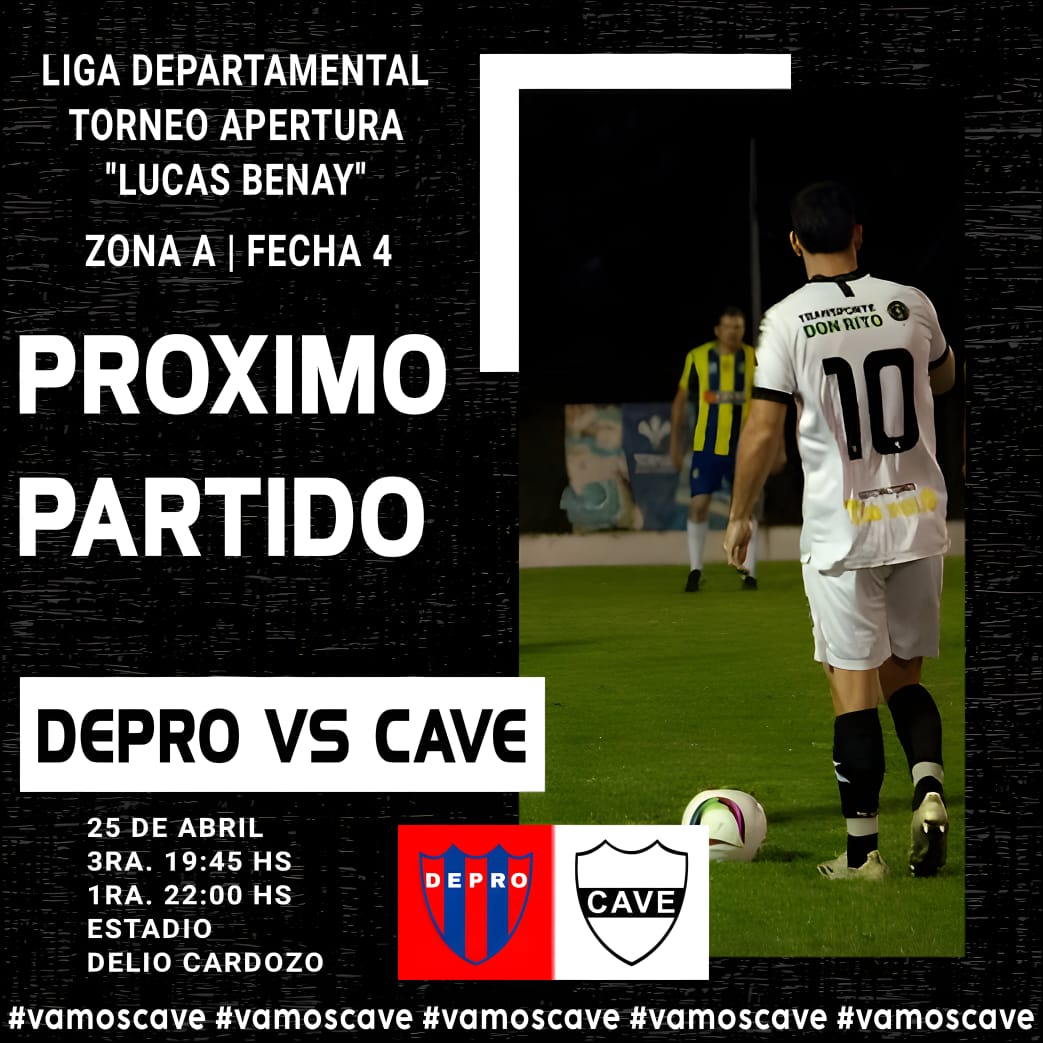 CAVEFUTBOLMAYOR's tweet photo. #FutbolDepartamental
#FECHA4

Visitamos a @ClubDePro el PRÓXIMO JUEVES 25/04 con horarios especiales! 

#VamosCAVE🏳️🏴💪 https://t.co/hz10T5N3va