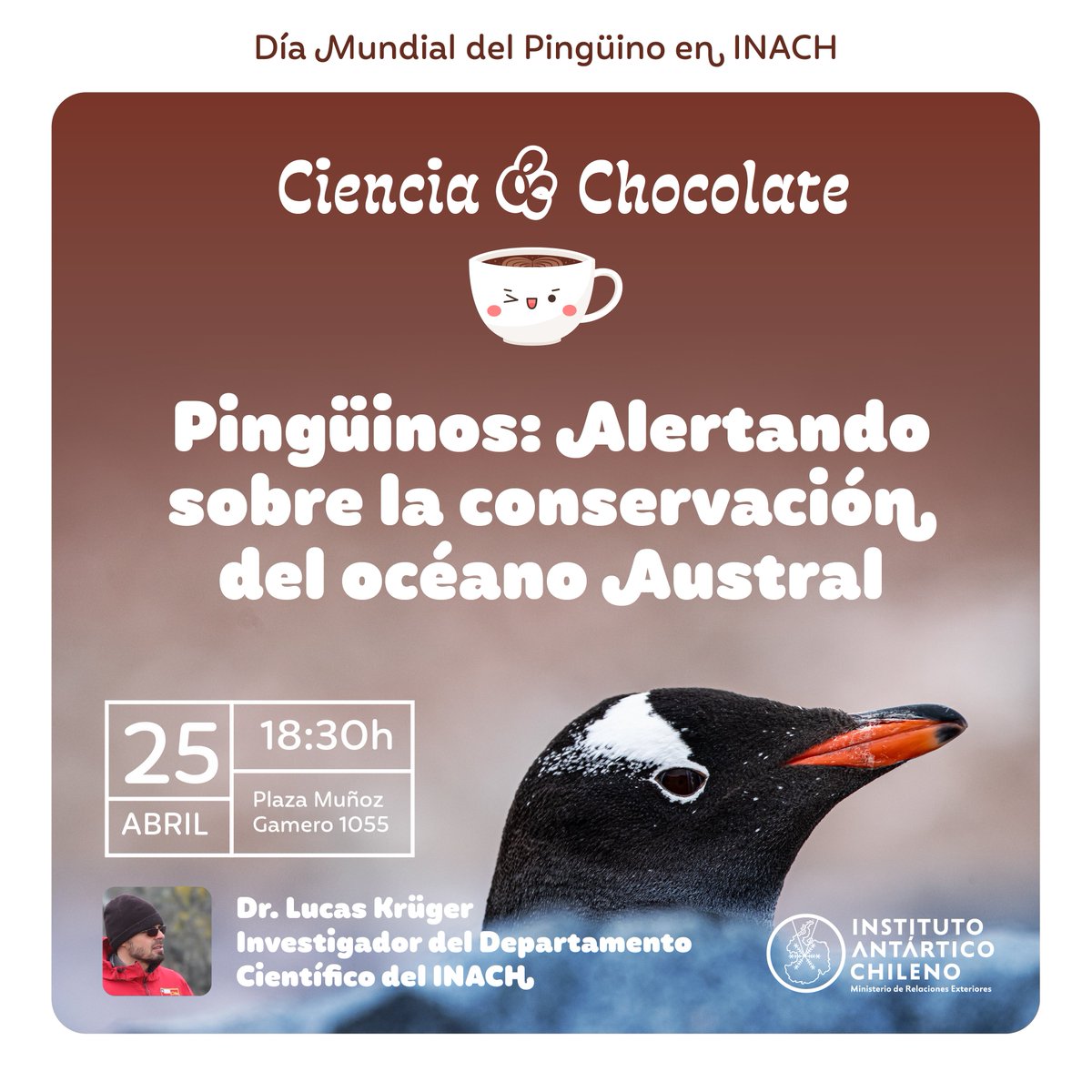 ☕️🇦🇶Y continuamos con nuestro ciclo de charlas de'Ciencia y chocolate', esta vez los dejamos invitados a todos y a todas a disfrutar y a celebrar el “día del pingüino” con la charla de @DrLucasKruger Pingüinos: Alertando sobre la conservación del océano Austral. ENTRADA LIBERADA