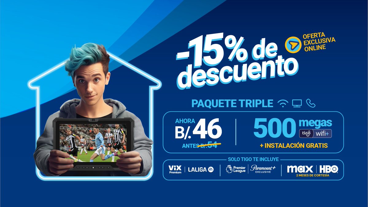 ¡OFERTA EXCLUSIVA ONLINE! 😎 Paquete Hogar de 500 Megas ahora con 15% DE DESCUENTO por 12 meses. Además, INSTALACIÓN GRATIS y beneficios que solo Tigo te ofrece. ⁣ 🎁⁣ HBO | MAX GRATIS POR 2 MESES 🎁⁣ ViX PREMIUM & PARAMOUNT＋ INCLUIDO⁣