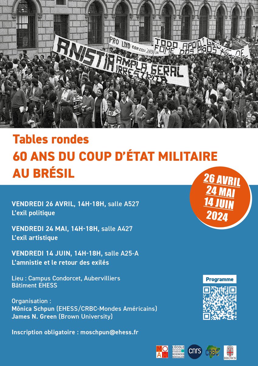 Trois tables rondes pour les 60 ans du coup d’État militaire au Brésil, les 26 avril / 24 mai / 14 juin, de 14h à 18h, au @CampusCondorcet à l’@EHESS_fr Programme : mondes-americains.ehess.fr/index.php?4172