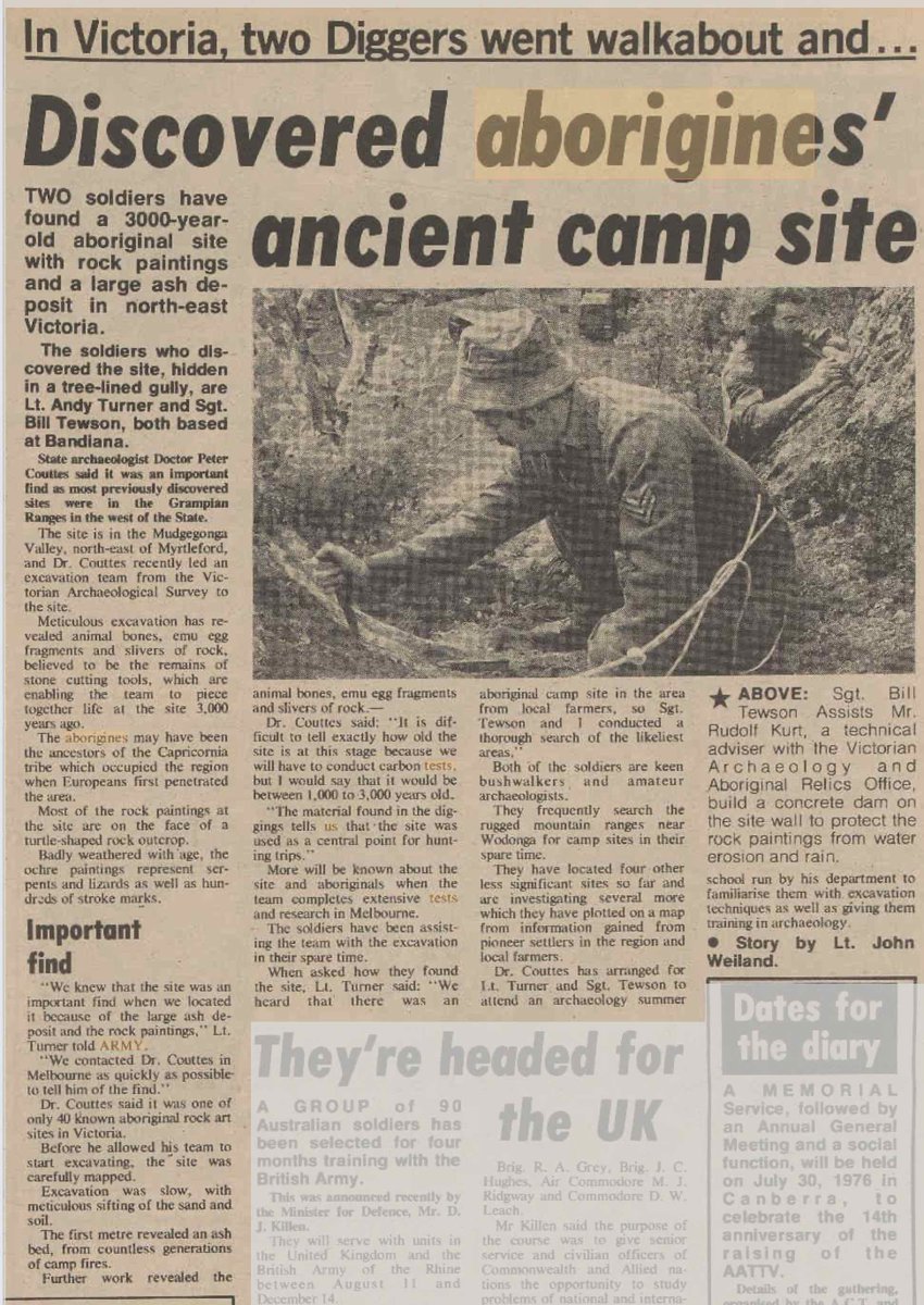 Australian Army newspaper,  Thu 22 Jul 1976. Page 5 
 
Discovered aborigines' ancient camp site

@palaceletters