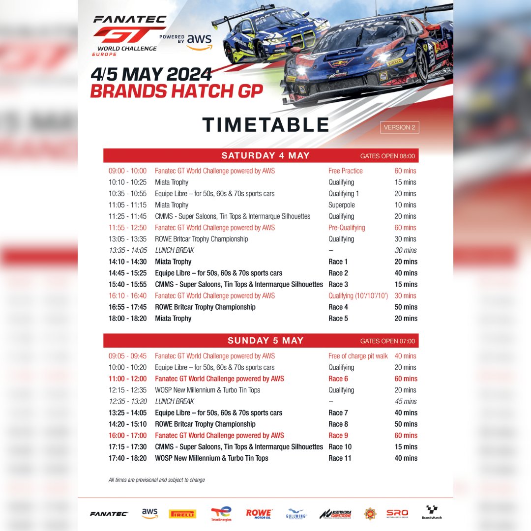 The current timetable for Fanatec GT World Challenge Europe Powered by AWS at Brands Hatch on 4/5 May 🏁 🎟 brandshatch.co.uk/2024/may/gt-wo…