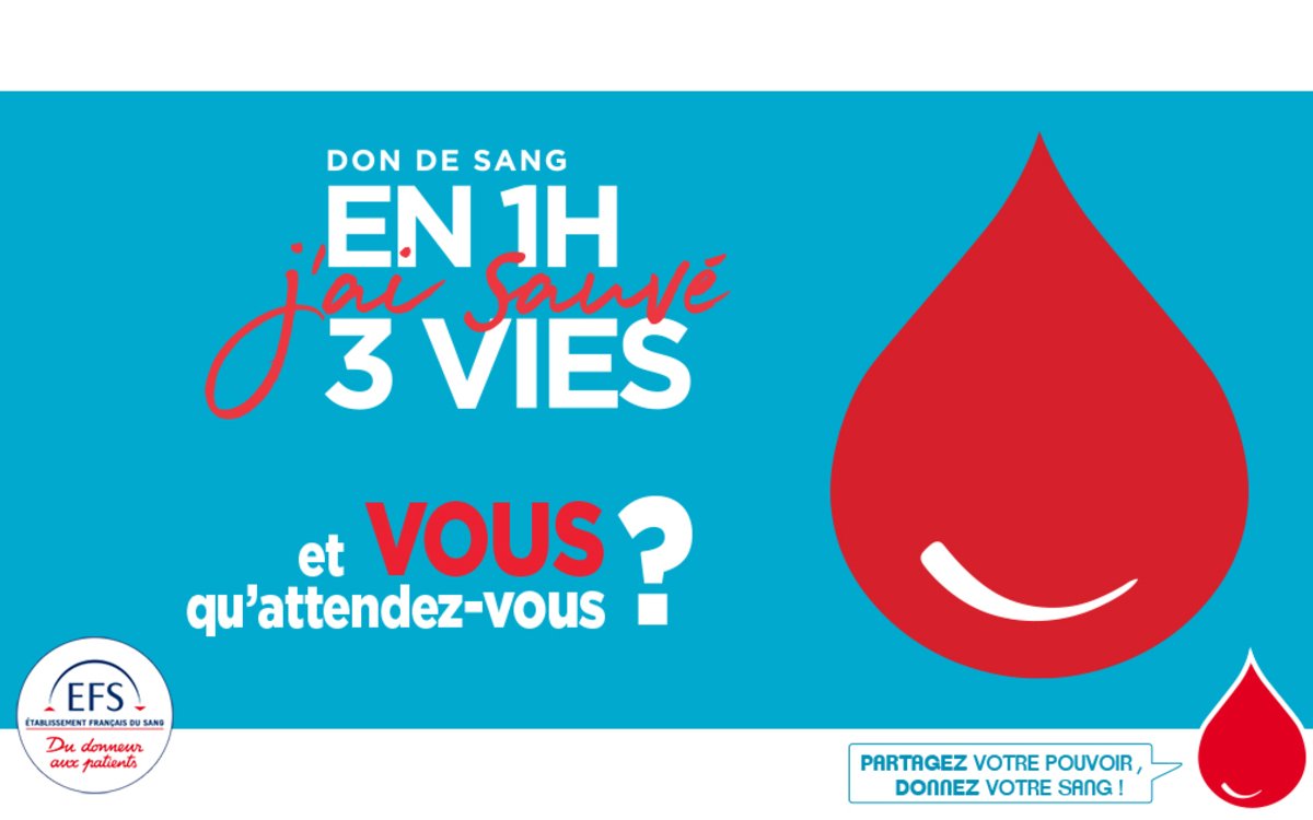 ℹ Une heure de votre temps peut sauver 3 vies ! 🩸 La prochaine collecte de sang de l'@EFS_dondesang, c'est le mardi 7 mai ! 📲 Réservations : bit.ly/3LFVnbU 📍 Mardi 7 mai de 14h30 à 19h - Complexe René-Leduc