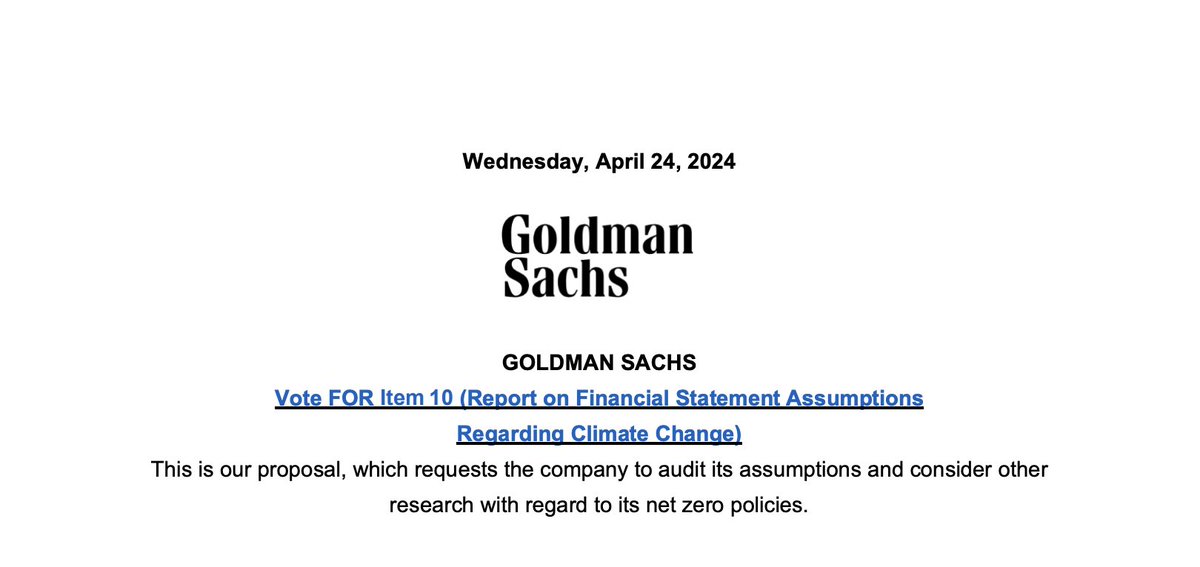 FreeEntProject's tweet photo. Attention #GoldmanSachs investors!

Vote FOR Item 10 (Report on Financial Statement Assumptions re: #ClimateChange)

Our proposal requests that $GS audit its assumptions &amp; consider other research re: its net zero policies.

https://t.co/cN7tx2trQR

https://t.co/Ib2R1jrqkn https://t.co/diHDCbfKsz
