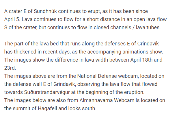 🇮🇸 🌋 Reykjanes - Svartsengi 🟧

@Vedurstofan  updated on April 23 at 14:50 UTC

➤ The lava bed at the defenses east of Grindavík has become thicker ( I can't post the animation - if you enlarge it, please wait ) 

1/2