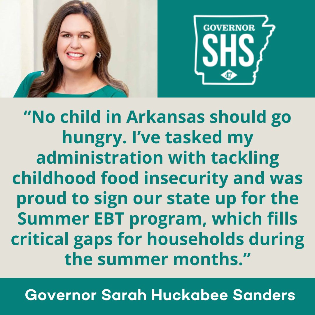 Yesterday, Governor <a href="/SarahHuckabee/">Sarah Huckabee Sanders</a> announced the launch of the Summer Electronic Benefit Transfer program, a new grocery benefits program that will provide eligible Arkansas families $120 to buy groceries for school-aged children when school is out. More: governor.arkansas.gov/news_post/gove…