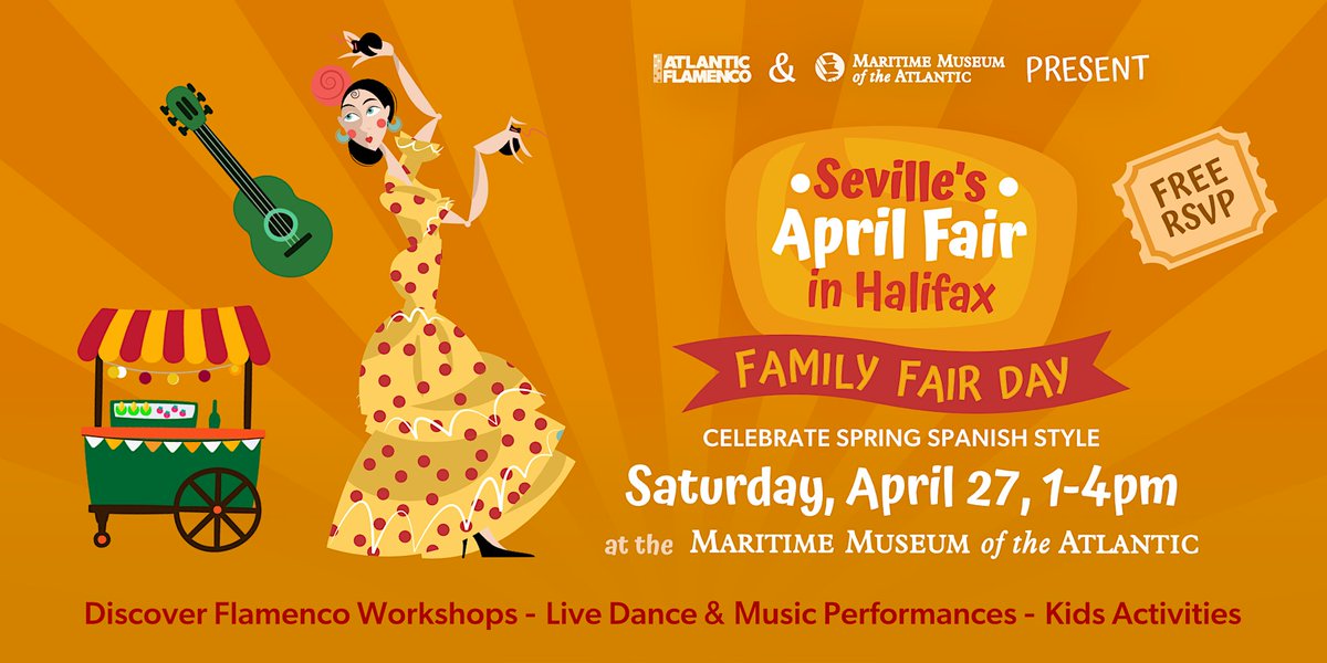 April 27, 1 pm - 4 pm: Seville's April Fair in Halifax with @FlamencoHalifax Enjoy live dance, kids crafts & activities. 1pm Open Stage 2pm Kids dance workshop (3-12 years old + parents) 2:30pm Adult Dance Along 3pm Join in and “Ole” - a jam session! #Free #Fun #Family #Culture