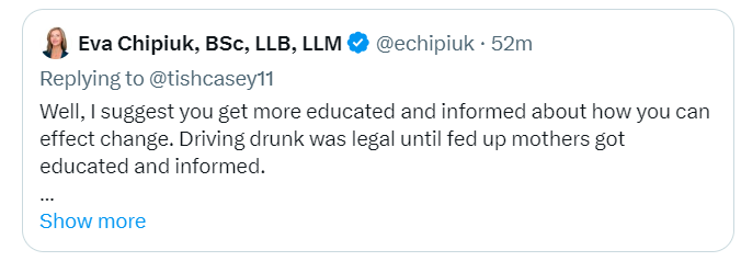 uh-oh... the Queen of Shallow Takes finally blocked me, and for me politely pointing out her absurdly dumb claim that drunk driving was legal until MADD stepped forward (this might be a blessing in disguise)