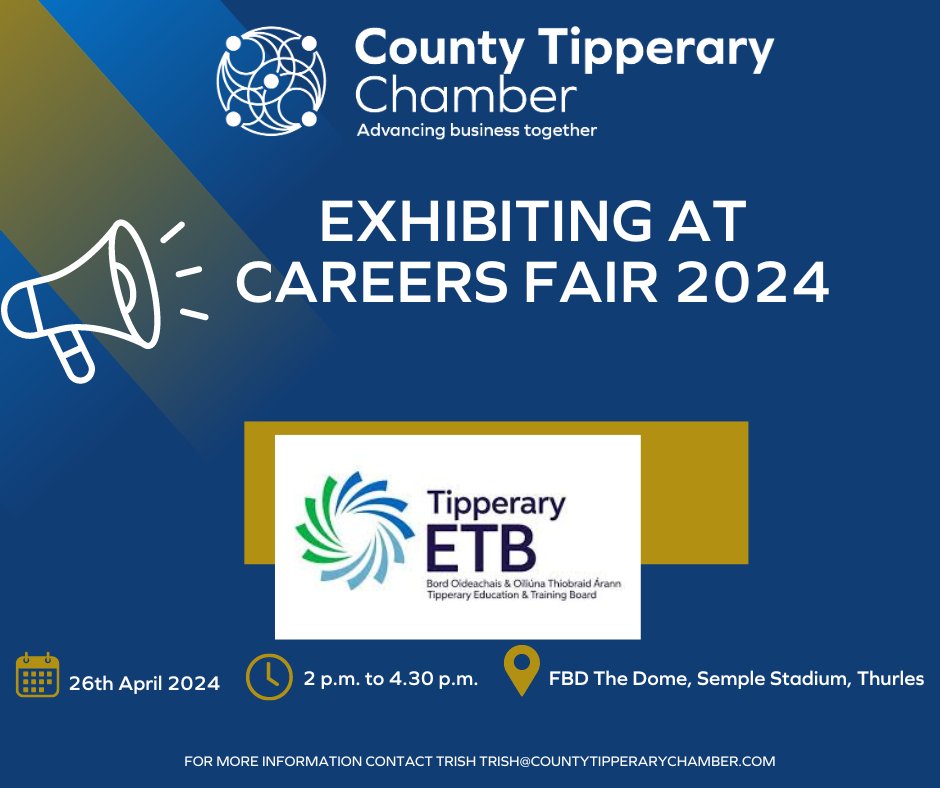 We are delighted to announce that Tipperary ETB will be attending our Career and Jobs Fair on April 26th in FBD the Dome, Semple Stadium. Their team will be on hand to talk about further education and training opportunities within the county from 2 p.m. to 4:30 p.m
#JobsFair