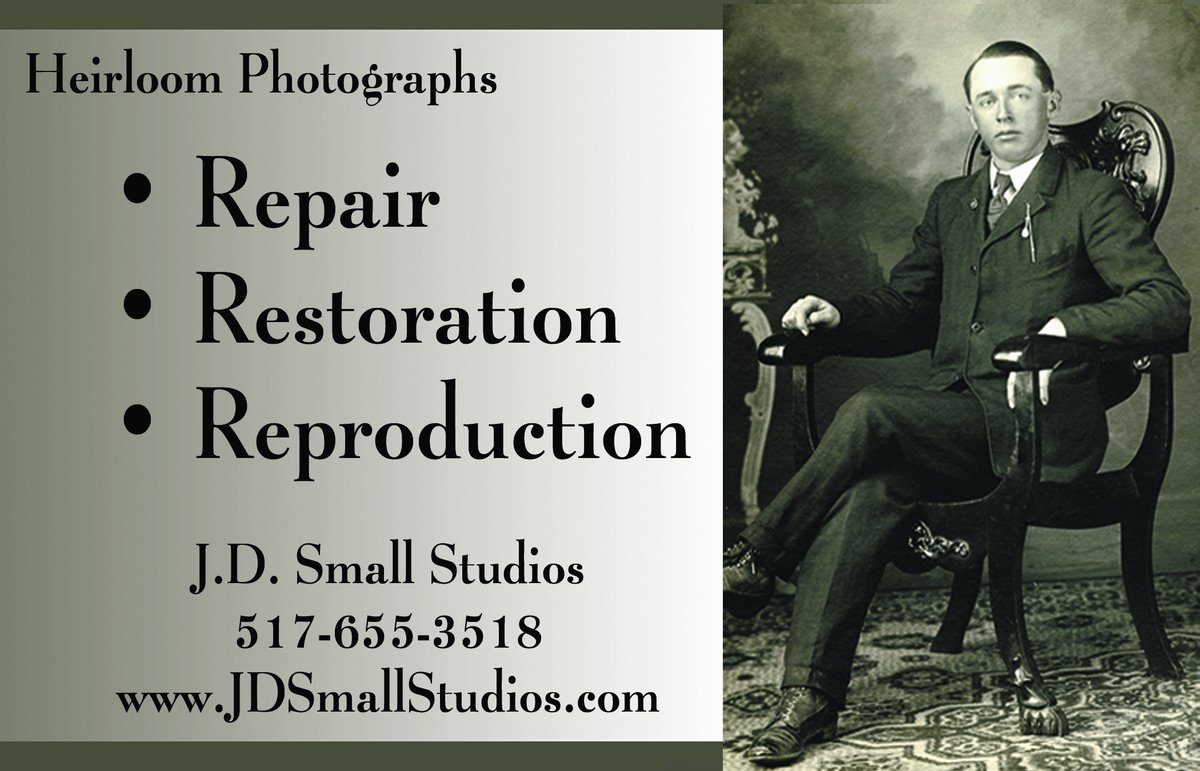 JDSmallStudios's tweet photo. Do you have old photographs that you would like to have restored or reproduced for your children or siblings?  I can help with that.
Please call or text 517 281-5633 https://t.co/2O0RF2OxAT