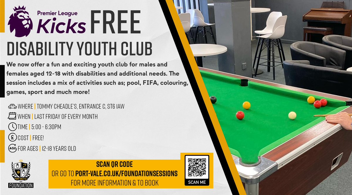 🎱 Disability Youth Club This Friday sees the return of our Free Disability Youth Club at Tommy Cheadle's! To register your place to enjoy a range of activities, follow the link 👉 bit.ly/PVSessions #PVFC | #PVFCFoundation