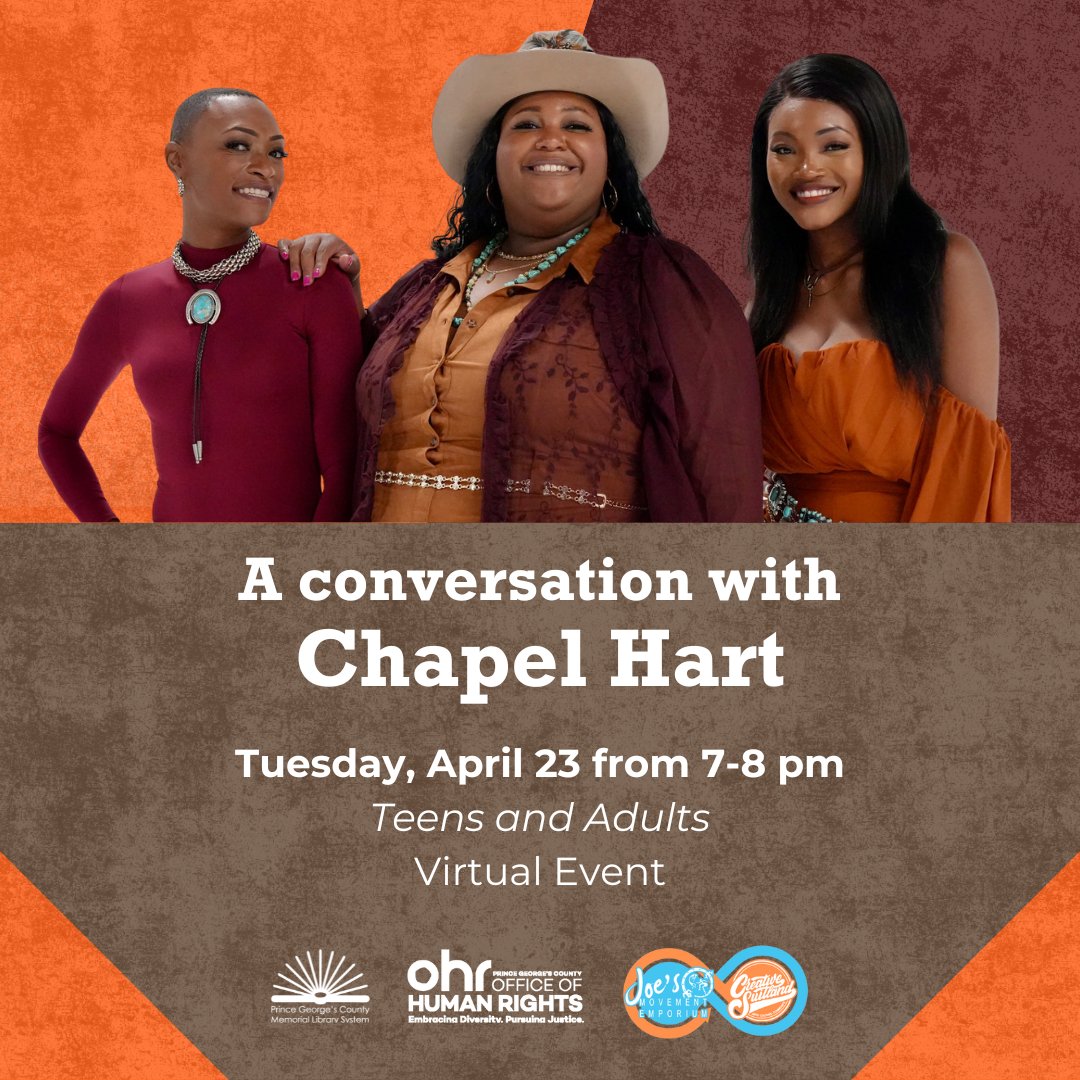 Tonight at 7 pm!  Join up-and-coming country music superstars @ChapelHartBand in conversation with @pgcmls,  @PGCOHR, and @joesmovement! #ChapelHart #AmericasGotTalent 
Event link: pgcmls.info/event/10406834